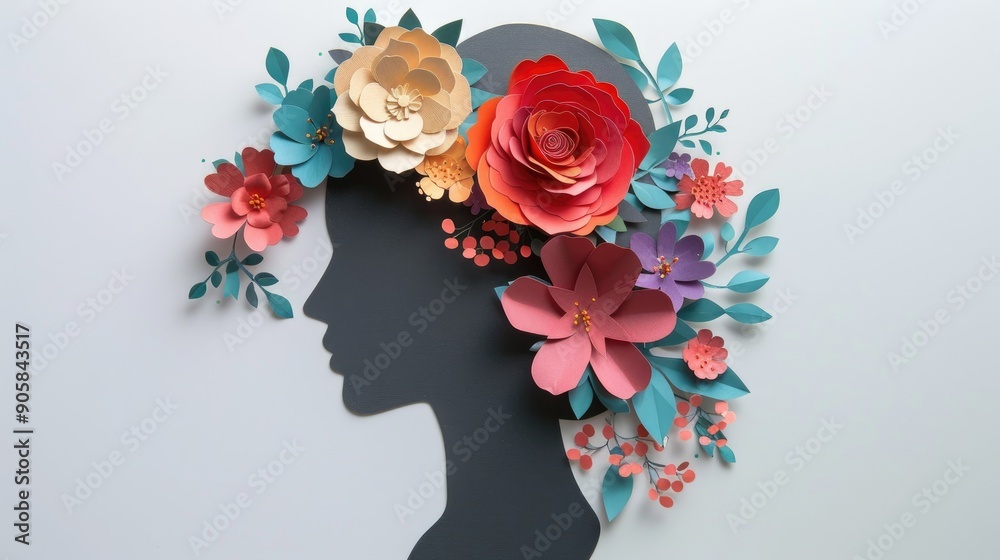 Handmade paper women s head silhouette with floral hairstyle Crafted greeting card for Women s Day Handmade paper women s head silhouette with floral hairstyle Crafted greeting card for Women s Day