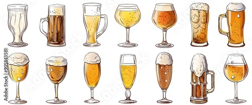  A set of different beer glasses on a white background. photo