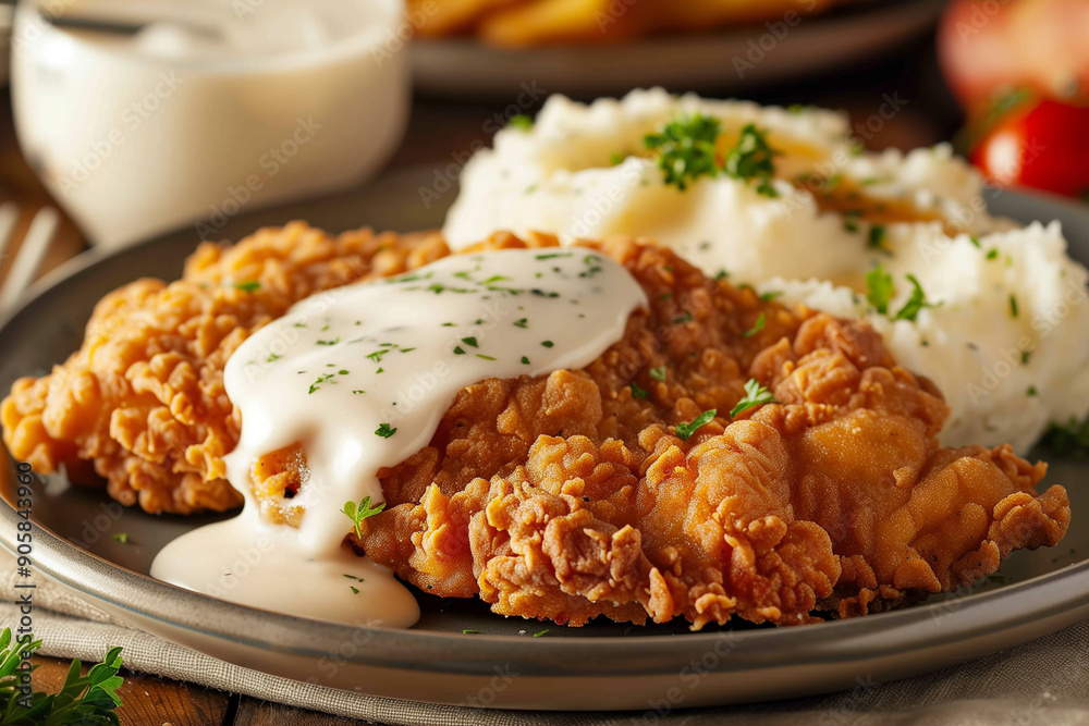 Breaded chicken fried steak covered in creamy gravy served with a side of mashed potatoes and gravy Breaded chicken fried steak covered in creamy gravy served with a side of mashed potatoes and gravy