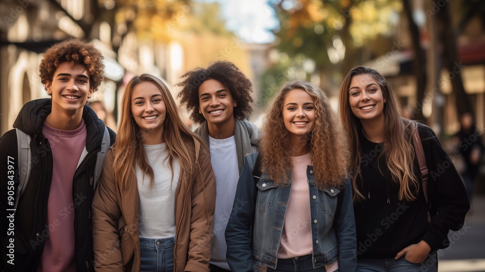 Diverse group of high school students friends on the street with happy expressions ready for starting the new school year. Generative ai Diverse group of high school students friends on the street with happy expressions ready for starting the new school year. Generative ai