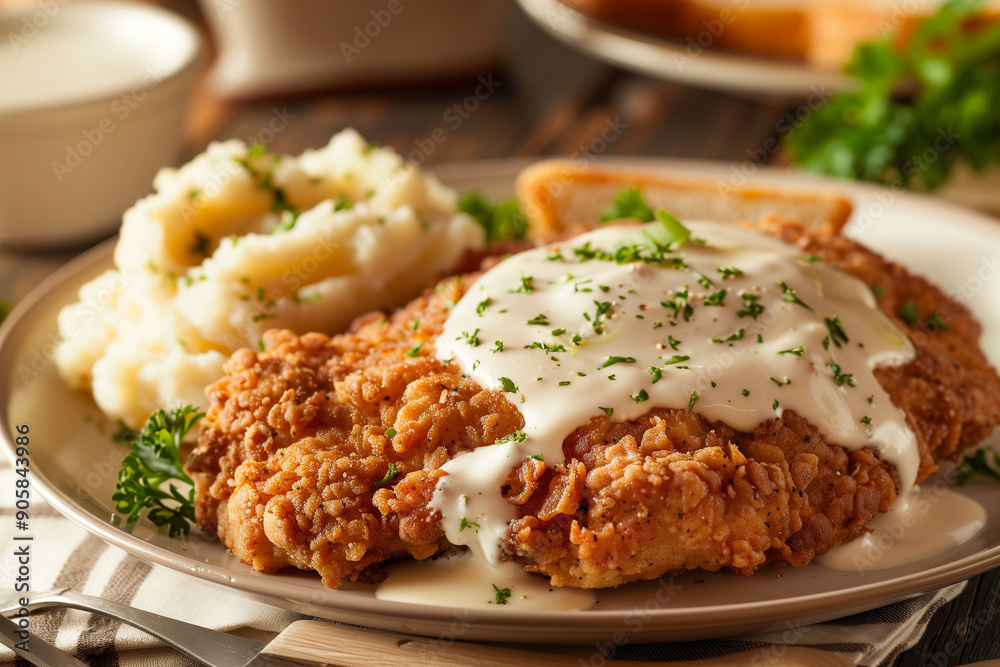 Plate of chicken fried steak with creamy gravy and mashed potatoes on the side Plate of chicken fried steak with creamy gravy and mashed potatoes on the side