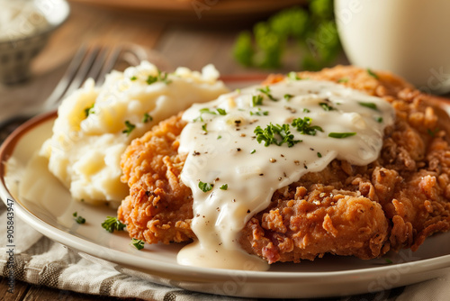 Delicious chicken fried steak with creamy gravy and mashed potatoes on the side photo