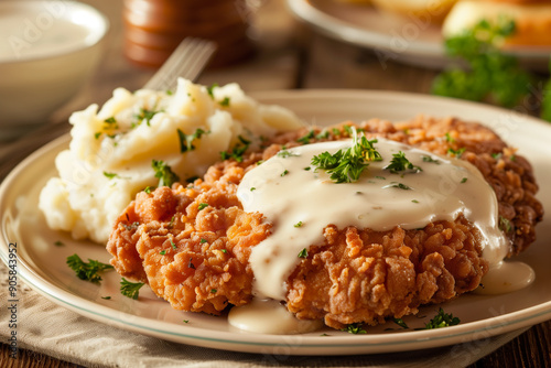 Crispy breaded chicken-fried steak with peppery white gravy and mashed potatoes on the side