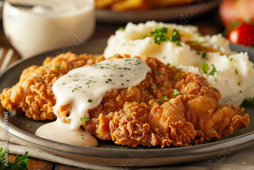 Breaded chicken fried steak covered in creamy gravy served with a side of mashed potatoes and gravy
