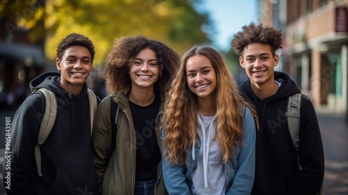 Diverse group of high school students friends on the street with happy expressions ready for starting the new school year. Generative ai