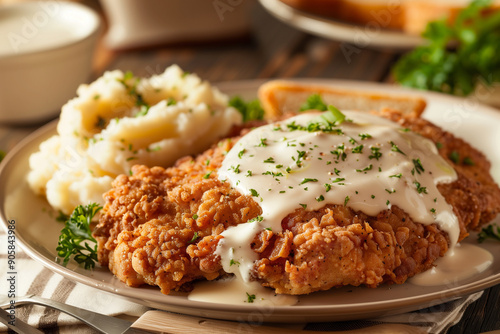 Plate of chicken fried steak with creamy gravy and mashed potatoes on the side