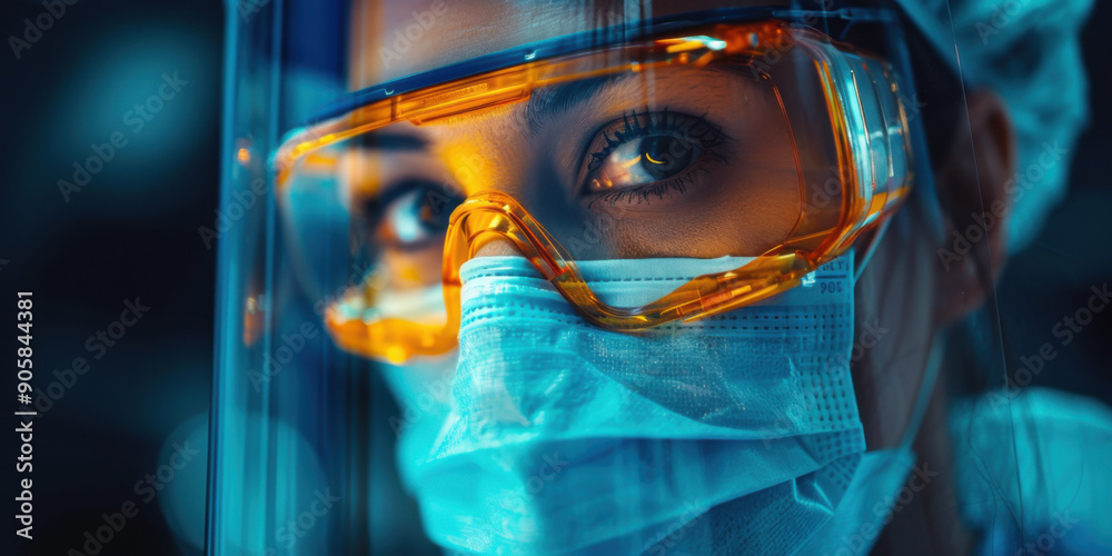 Obraz premium Close-up of a healthcare worker wearing a mask, protective goggles, and face shield, focused on her work.