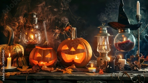 Festive Halloween Display With Pumpkins and Lanterns at Night