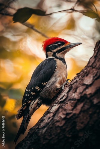 An active woodpecker in the forest, perched on a tree, highlighting its colorful feathers and fast movement. Close-up of a woodpecker as it searches for insects in the natural landscape. photo