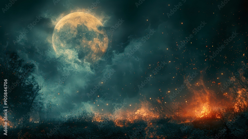 Wildfire Under Full Moon Light in a Darkened Forest Wildfire Under Full Moon Light in a Darkened Forest