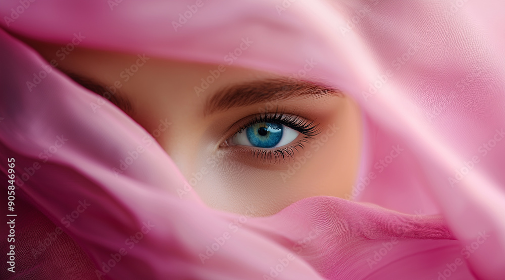 Close-up of a woman’s face half-covered by a pink fabric, emphasizing her blue eye and fair skin Close-up of a woman’s face half-covered by a pink fabric, emphasizing her blue eye and fair skin