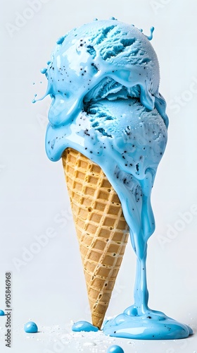 Blue Ice Cream Melting and Dripping from Cone photo