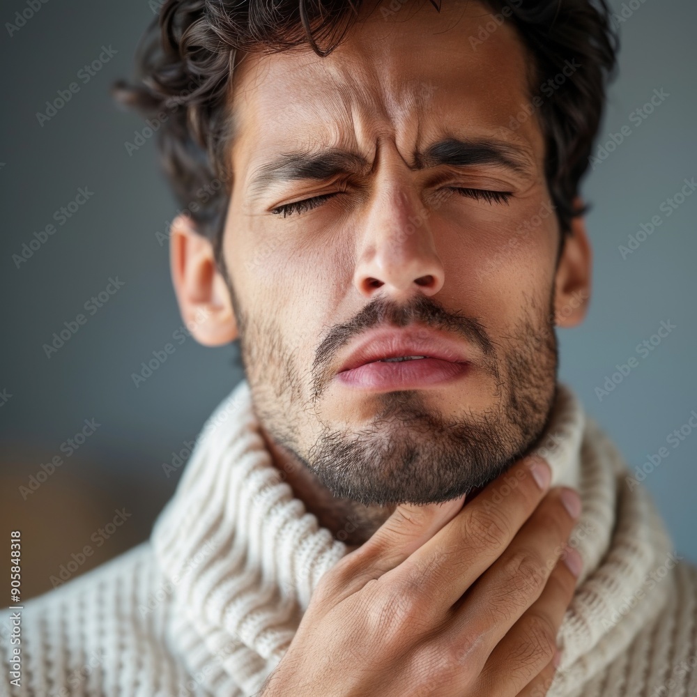 Obraz premium Man Experiencing Discomfort and Pain in His Throat, Illustrating the Concept of Sore Throat, Health Issues, and the Struggle with Physical Discontent.