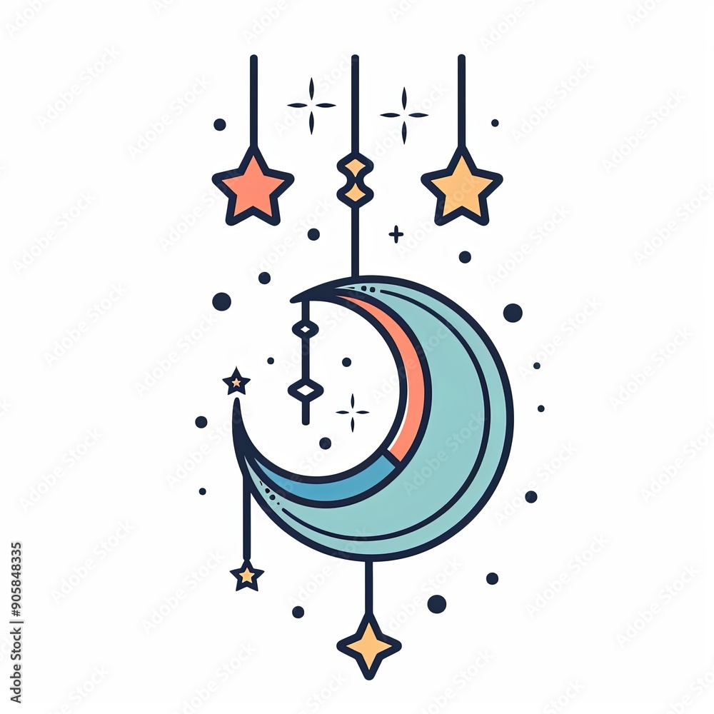 Naklejka premium Crescent Moon and Stars Illustration