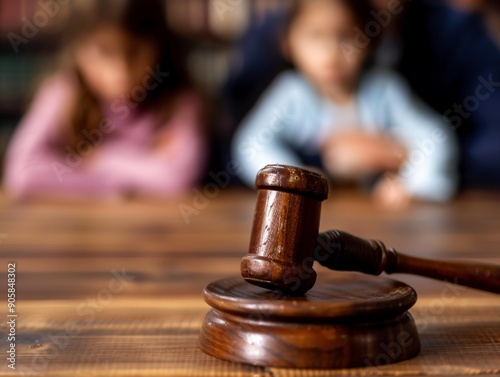 Legal judge s gavel close up with blurred child in background, symbolizing child custody concept photo