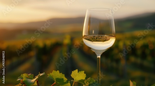 Glass of white wine in vineyard at sunset.