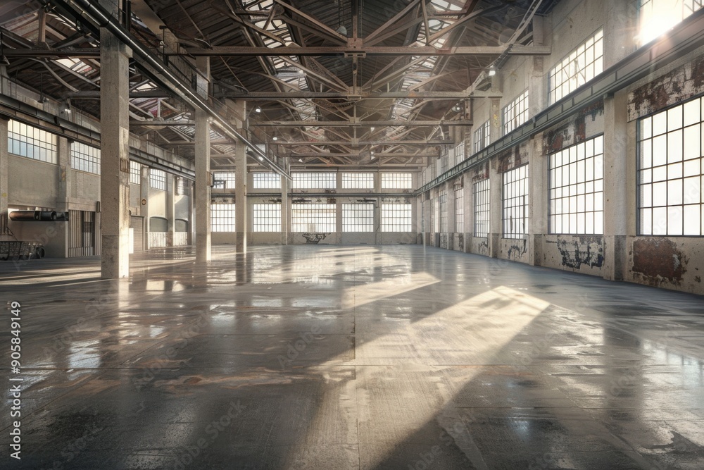 Fototapeta premium Large empty warehouse interior with concrete floor