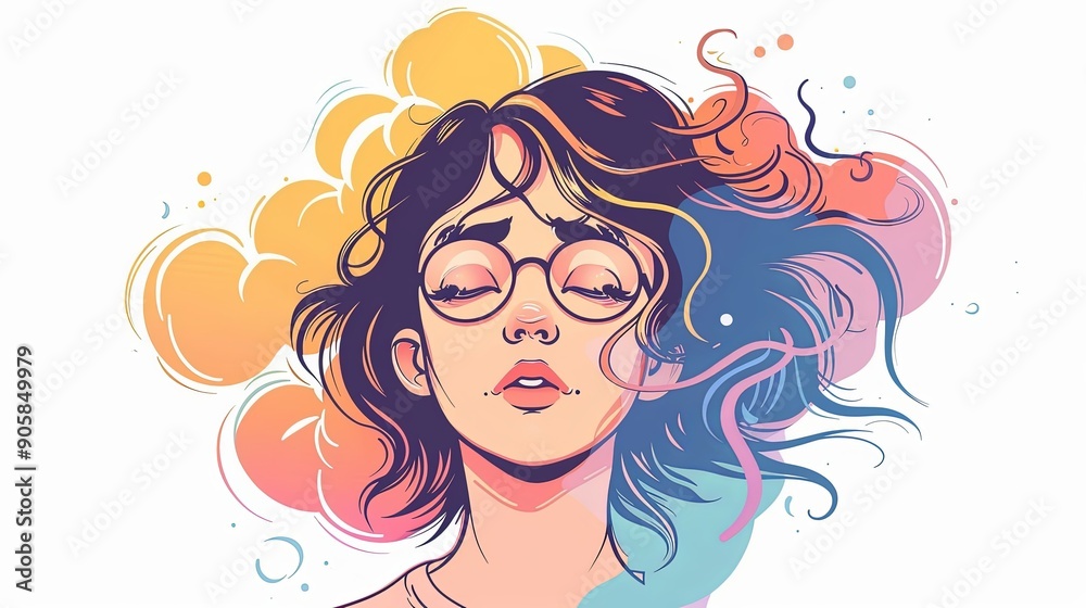 Woman with Eyes Closed Surrounded by Colorful Clouds Woman with Eyes Closed Surrounded by Colorful Clouds