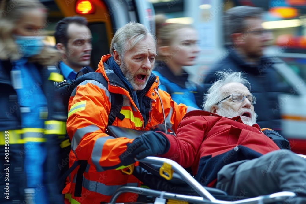 Fototapeta premium Immediate response: emergency medical doctors provide critical urgency care in , ensuring swift, effective treatment for patients in need of urgent medical attention, life-saving interventions