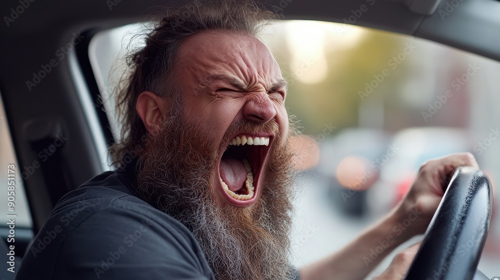 aggressive young male with beard yelling road rage moment car closeup aggressive young male with beard yelling road rage moment car closeup
