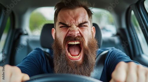 road rage closeup angry male motorist with beard yelling from vehicle