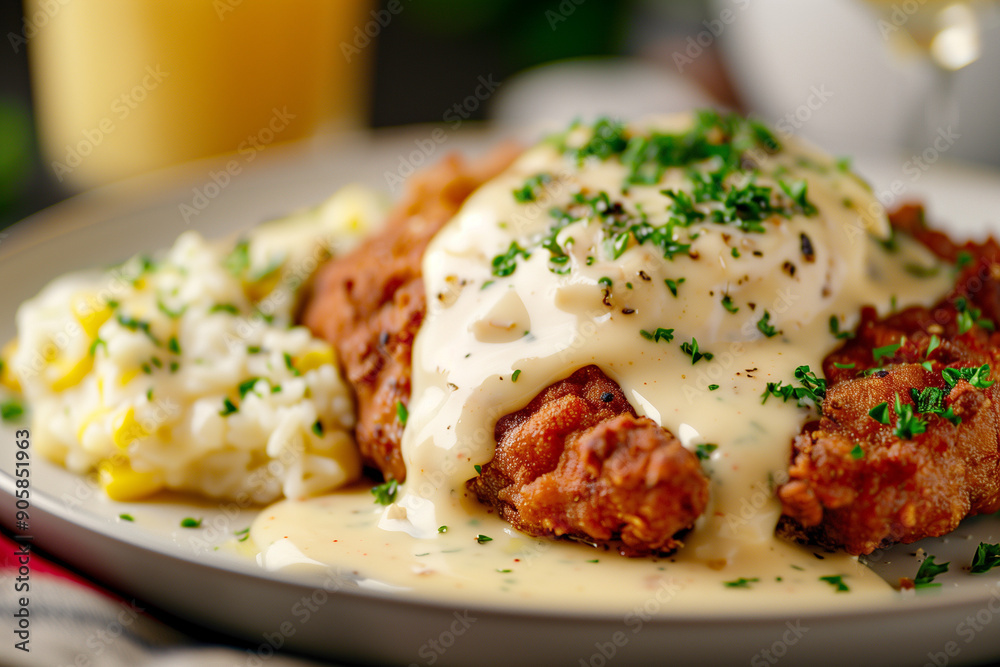 Close-Up Chicken Fried Steak with Herbs and Gravy Close-Up Chicken Fried Steak with Herbs and Gravy