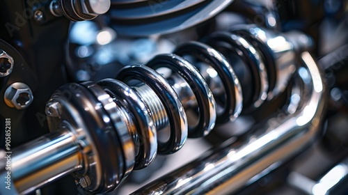 A detailed shot of a shock absorber on a motorcycle revealing the intricate inner workings that dampen vibrations.