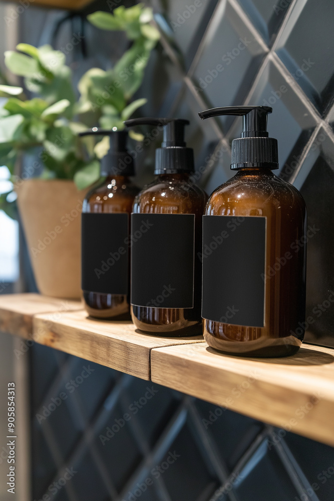 Fototapeta premium Image of hair and body wash products with a black blank label on them, dispenser on a shelf in a shower room