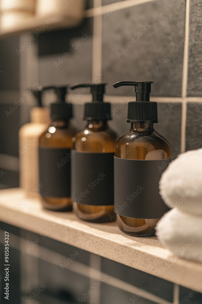 Image of hair and body wash products with a black blank label on them, dispenser on a shelf in a shower room Image of hair and body wash products with a black blank label on them, dispenser on a shelf in a shower room