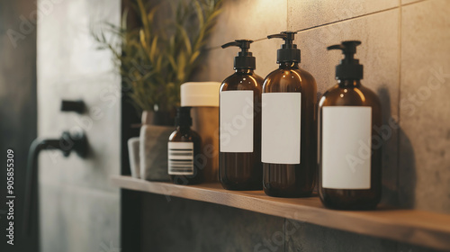 Image of hair and body wash products with a white blank label on them, dispenser on a shelf in a shower room