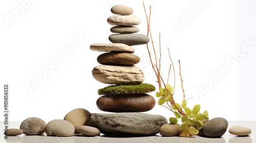 Stacked Stones, Moss, and Branch with Green Leaves on a White Background photo