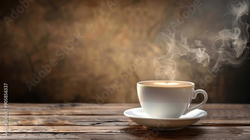 Steaming cup of coffee on wooden table.