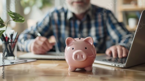 Piggy bank standing on desk with blurred retired man using laptop and doing accounting in background..