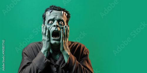 Shocked Surprised Halloween Frankenstein Monster on a Green Background with Space for Copy