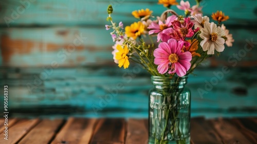 Rustic floral bouquet in a glass vase on a wooden table.