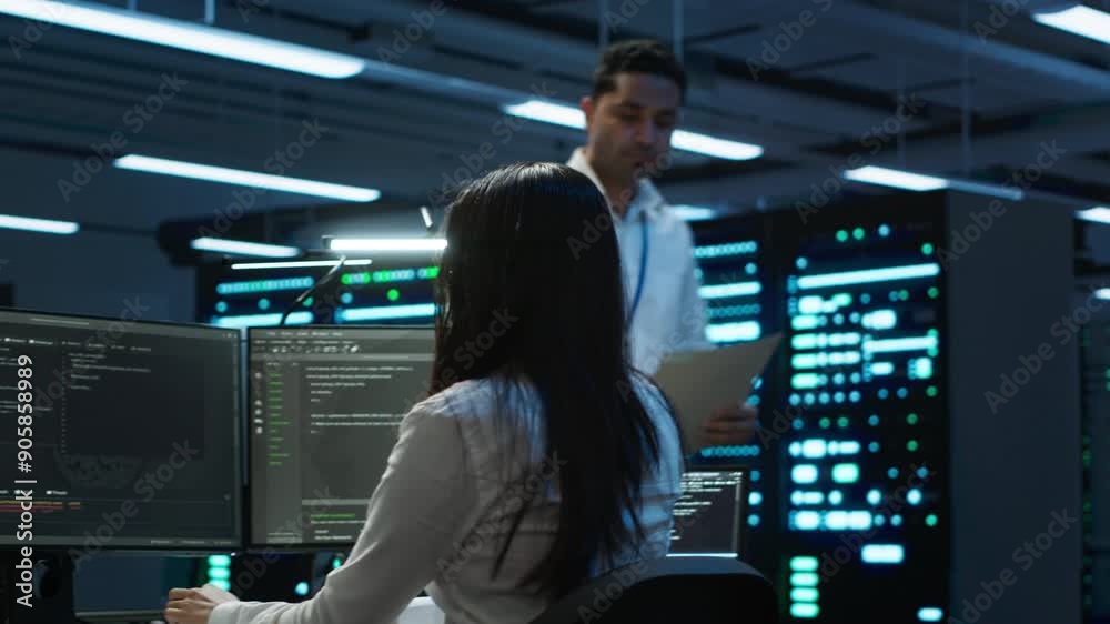 Team of researchers in data center monitoring security threats using PC, implementing cybersecurity measures. Teamworking colleagues ensuring compliance with regulations, camera A