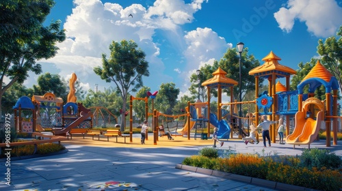 Colorful playground with children playing in a park.