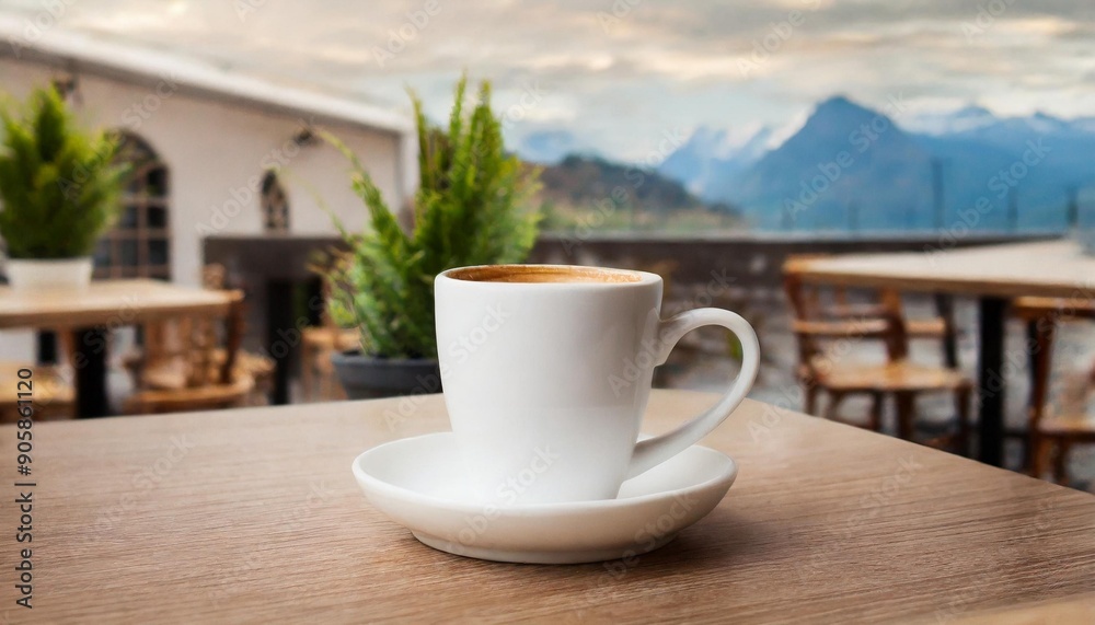 Fototapeta premium White coffee cup mockup on restaurant table