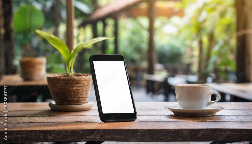 Black mobile phone with blank white desktop screen with wooden table Black mobile phone with blank white desktop screen with wooden table