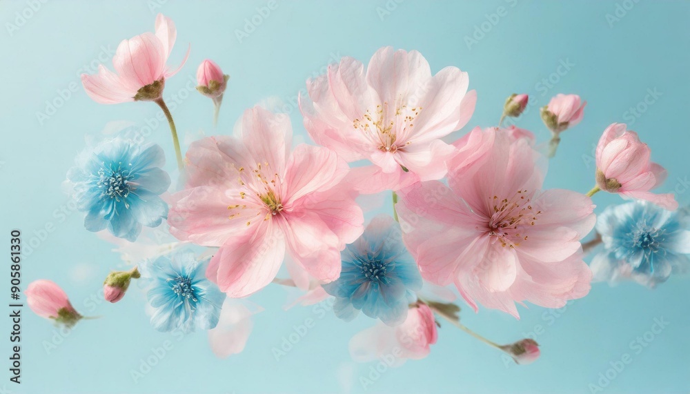 Pink spring flowers flying on a transparent background. Beautiful pastel blue flower arrangement. Summer aesthetic concept. Pink spring flowers flying on a transparent background. Beautiful pastel blue flower arrangement. Summer aesthetic concept.