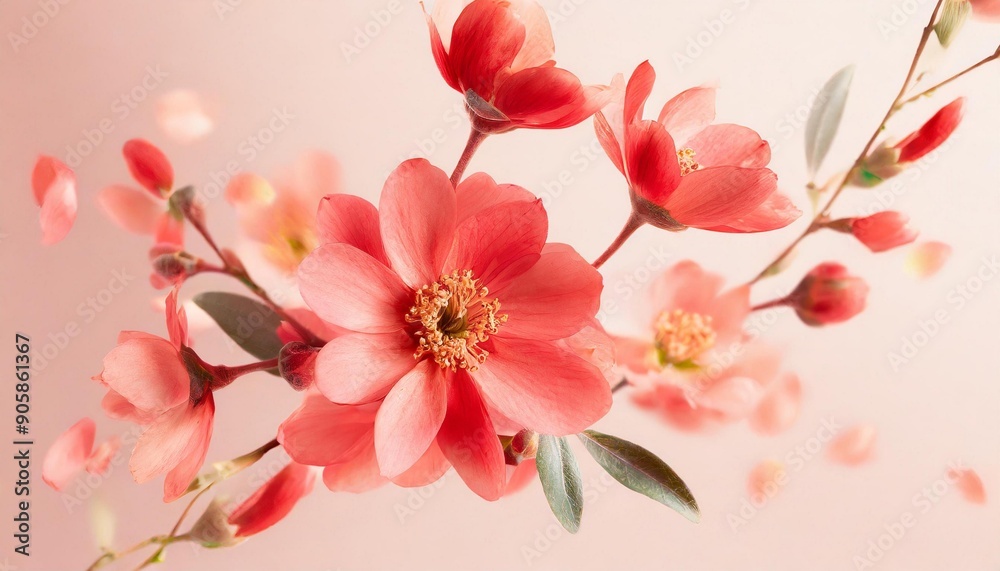 Obraz premium Red spring flowers flying on a transparent background. Beautiful pastel pink flower arrangement. Summer aesthetic concept.