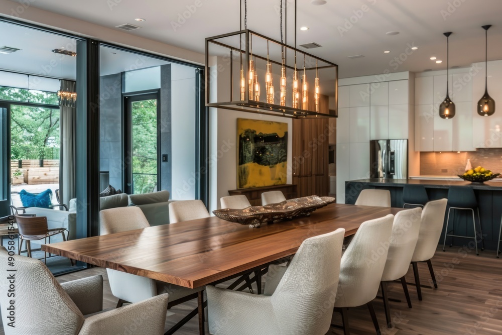Modern dining room with a wooden table, elegant chairs, and a contemporary chandelier