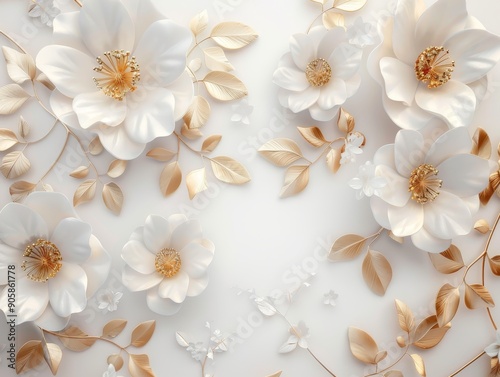 Luxurious 3d floral composition white flowers with golden leaves on white background