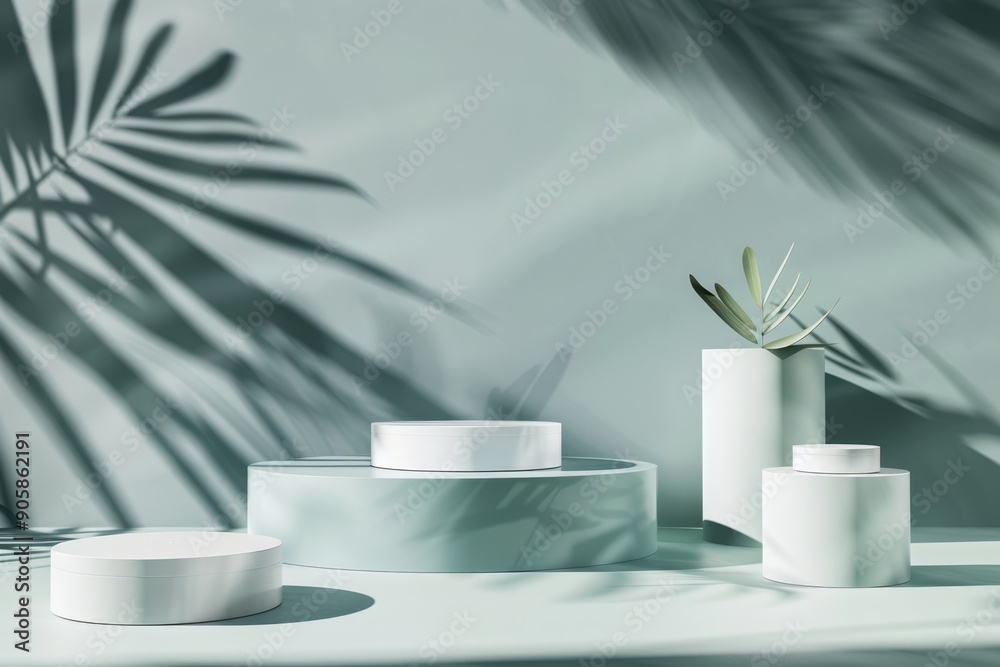 Modern product display featuring clean lines and leaf shadows