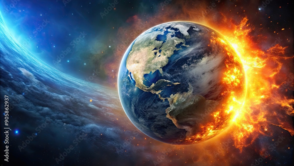Planet collapsing due to climate change , environmental destruction, overheating, deforestation Planet collapsing due to climate change , environmental destruction, overheating, deforestation