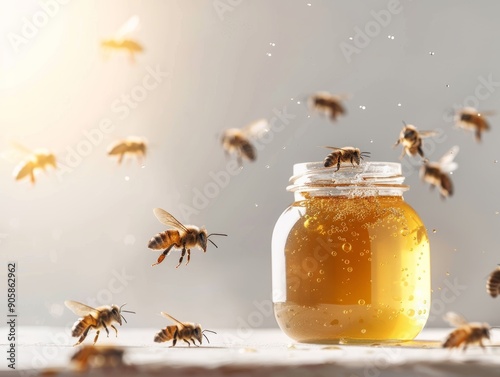 Honey jar with bees on white background ideal for text overlay in photography projects