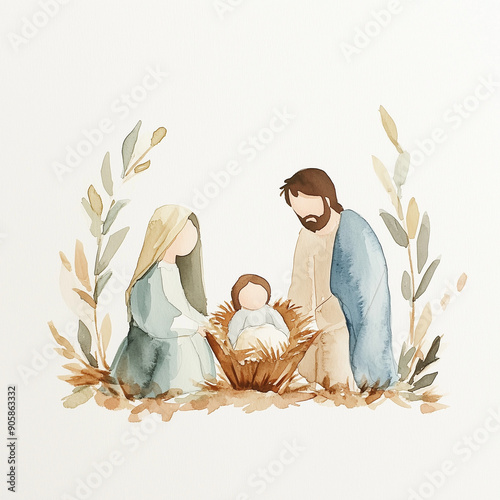 Watercolor Nativity Scene with Mary, Joseph, and Baby Jesus in a Manger
