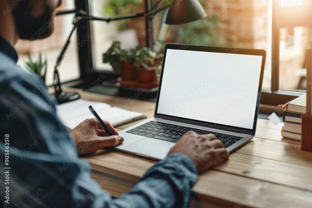 Man working on laptop with blank screen in home office, online education and work from home concept Man working on laptop with blank screen in home office, online education and work from home concept