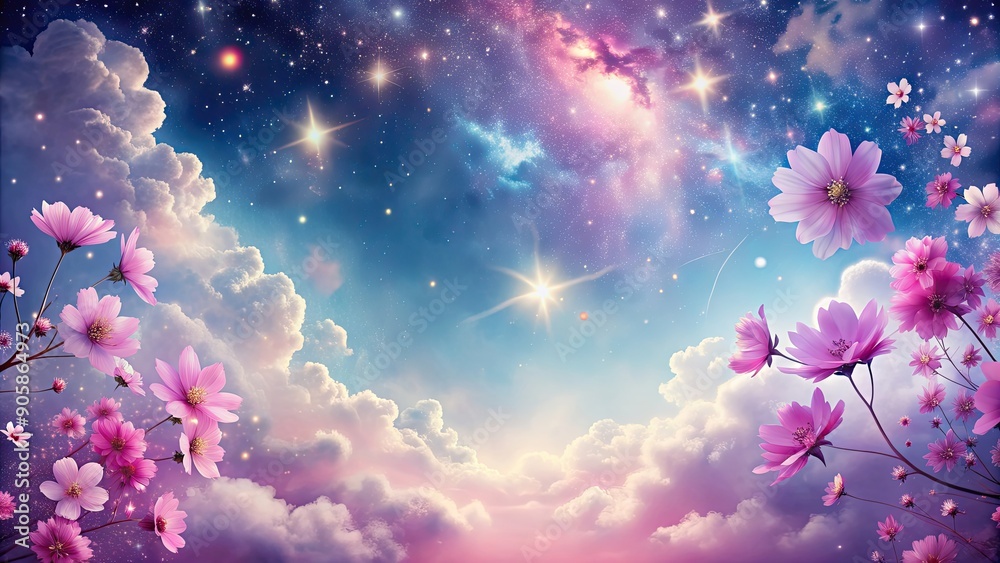 Mystical background with pink flowers, stars, sky, and clouds , mystical, mystic, divine, angelic, pink flowers, stars, sky Mystical background with pink flowers, stars, sky, and clouds , mystical, mystic, divine, angelic, pink flowers, stars, sky