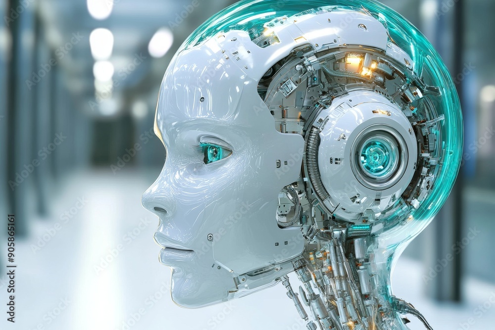 Side profile of a humanoid robot with intricate mechanical details representing the intelligence and advanced technology of modern AI in a clean futuristic setting. Side profile of a humanoid robot with intricate mechanical details representing the intelligence and advanced technology of modern AI in a clean futuristic setting.